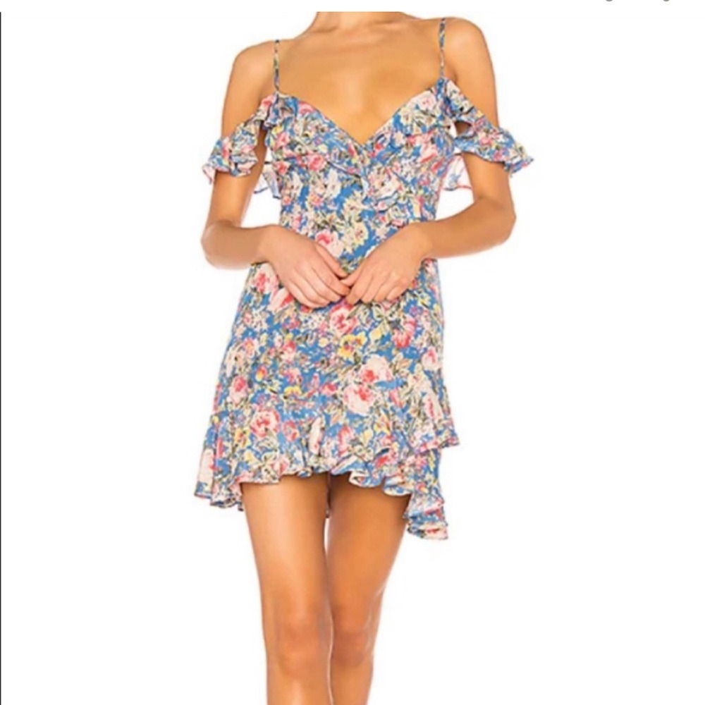 MAJORELLE Blue and Red Flutter Sleeve Mini Dress